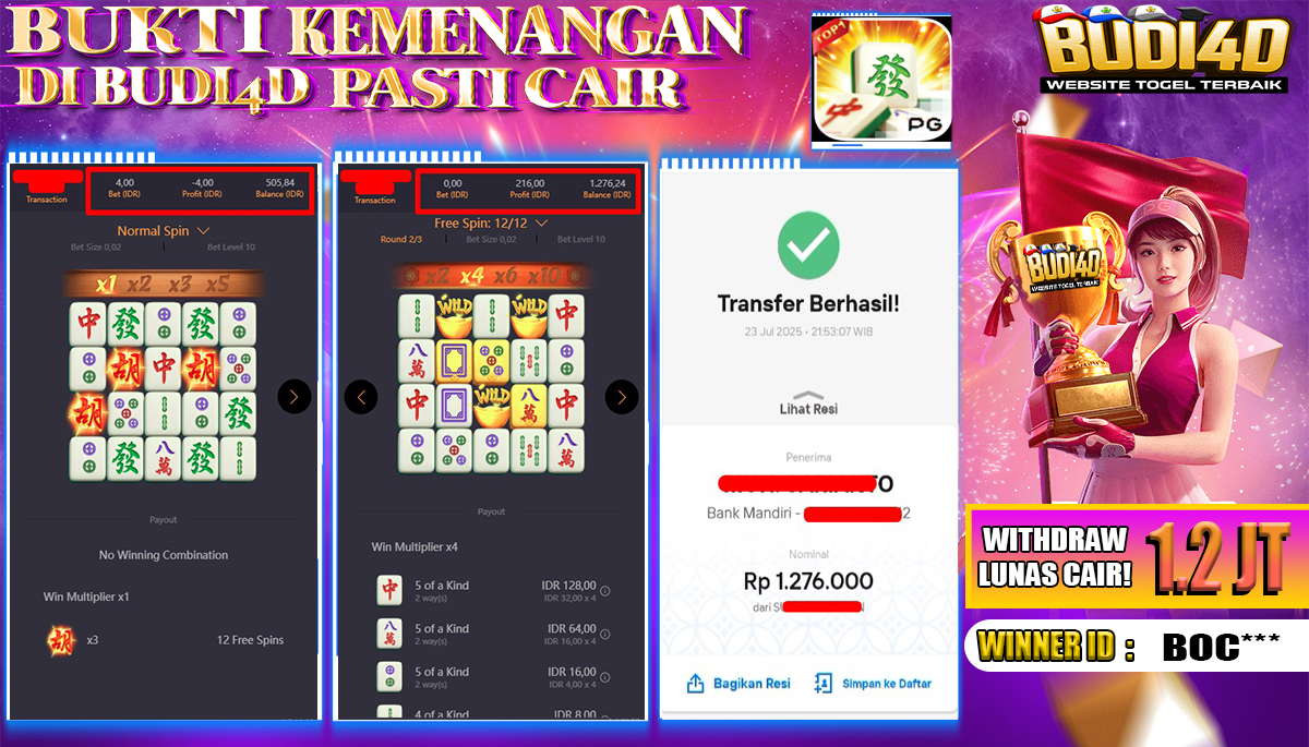 BUDI4D JACKPOT USERID:  BOC*** SLOT PGSOFT MAHJONG WAYS Rp.1.276.000,- LUNAS